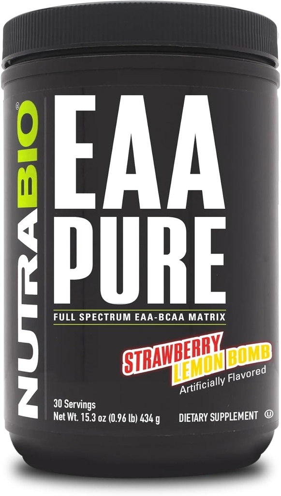 NutraBio – EAA Pure – 9 Amino Asits – Kas Onarım ve Kurtarma, 30 Hizmet, Strawberry Lemon Bomb – Pre or Post Workout – All Day Recovery