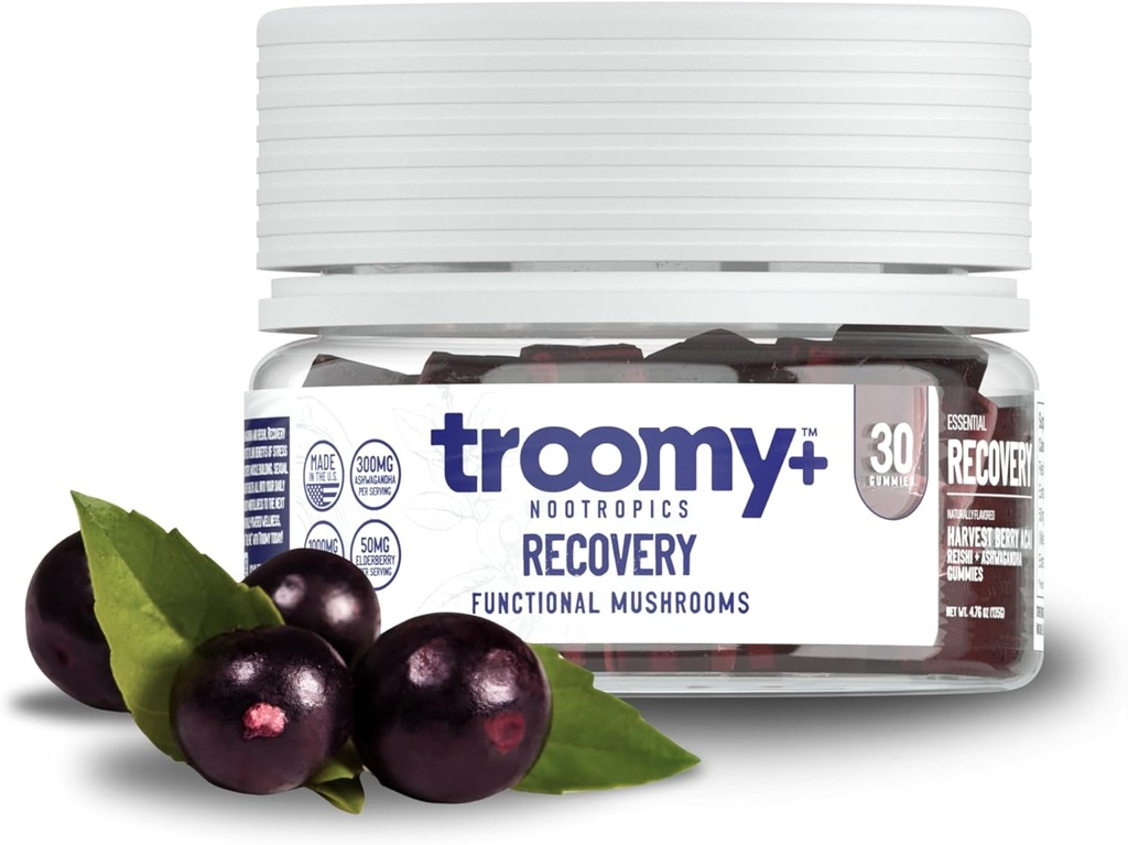 Troomy Recovery Gummies - Ashwagandha ve Reishi Mushrooms for Peak Performance - Gelatin-Free, Gluten-Free, Vegetarian - 30 Count Count Count Count