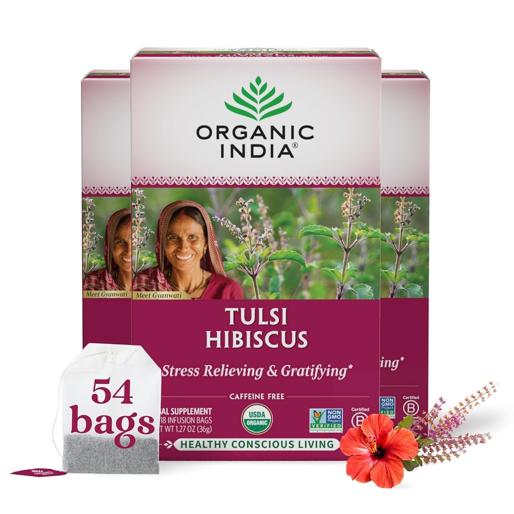 ORGANIC INDIA Tulsi Hibiscus Tea Bag - Kutsal Basil Herbal Tea, Stres Relieving, Calming, Immune Support, USDA Organic, Caffeine Free -18 Çanta, 3 Pack