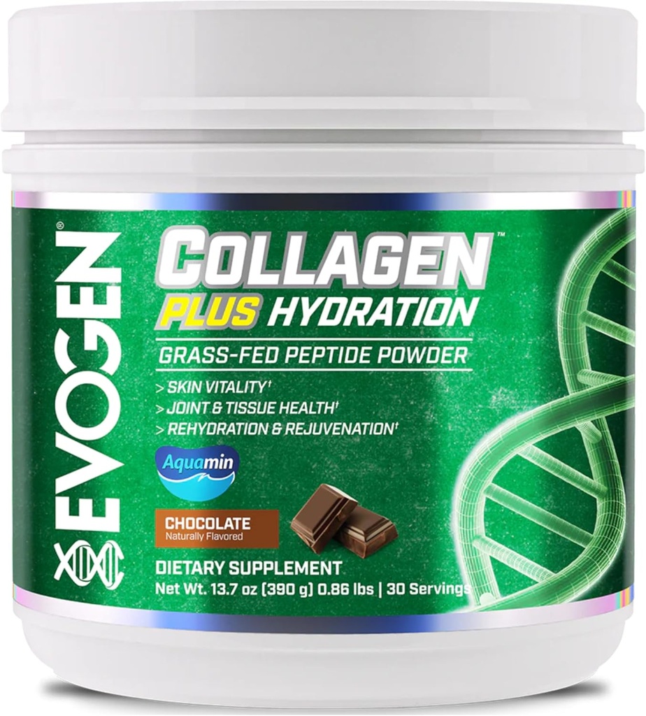 Evogen Collagen Plus Hydration - Grass-Fed Collagen for Women & Men | Collagen, Toz | Collagen Toz Destekleme Skin Vitality, Hydration, Ortak & Tound Health | Chocolate | 30 Hizmet