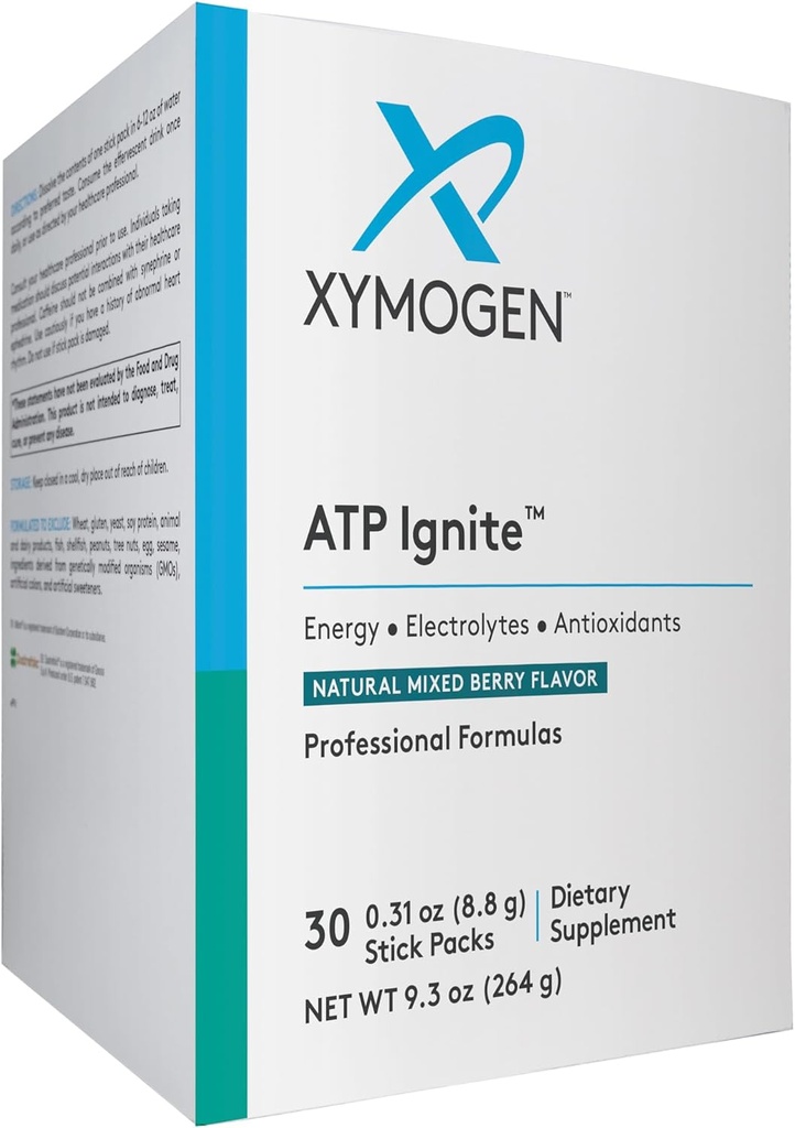XYMOGEN ATP Ignite Revitalizing Energy Drink Powder - Υποστηρίζει την αντικατάσταση ηλεκτρολυτών + ATP Βιοσύνθεση με αντιοξειδωτικά, Aminos, Βιταμίνες, Ηλεκτρολυτές + 95mg καφεΐνη (30 ανάμεικτα Berry Stick πακέτα)