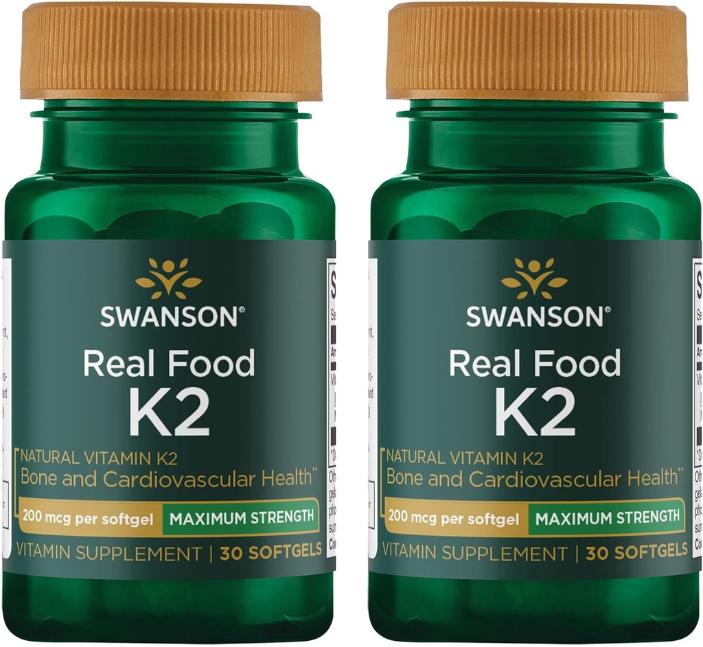 Swanson En Güçlü Vitamin K2 (Menaquinone-7)-Vitamin Supplement Supporting Cardiovascular ve Bone Health- Made from Japanese Natto to help Regulatedis (30 Softgels, 200mcg each) (2 Pack)