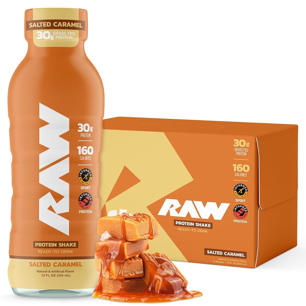 RAW Ready-to-drink Protein Shake, Salted Caramel - ETA Protein Drinks with Grass-Fed Whey Protein Isolate for post-Expertyout - Zero-Sugar & Gluten-Free Meal Replacement Drink & Breakfast Shake, 12 Fl Oz
