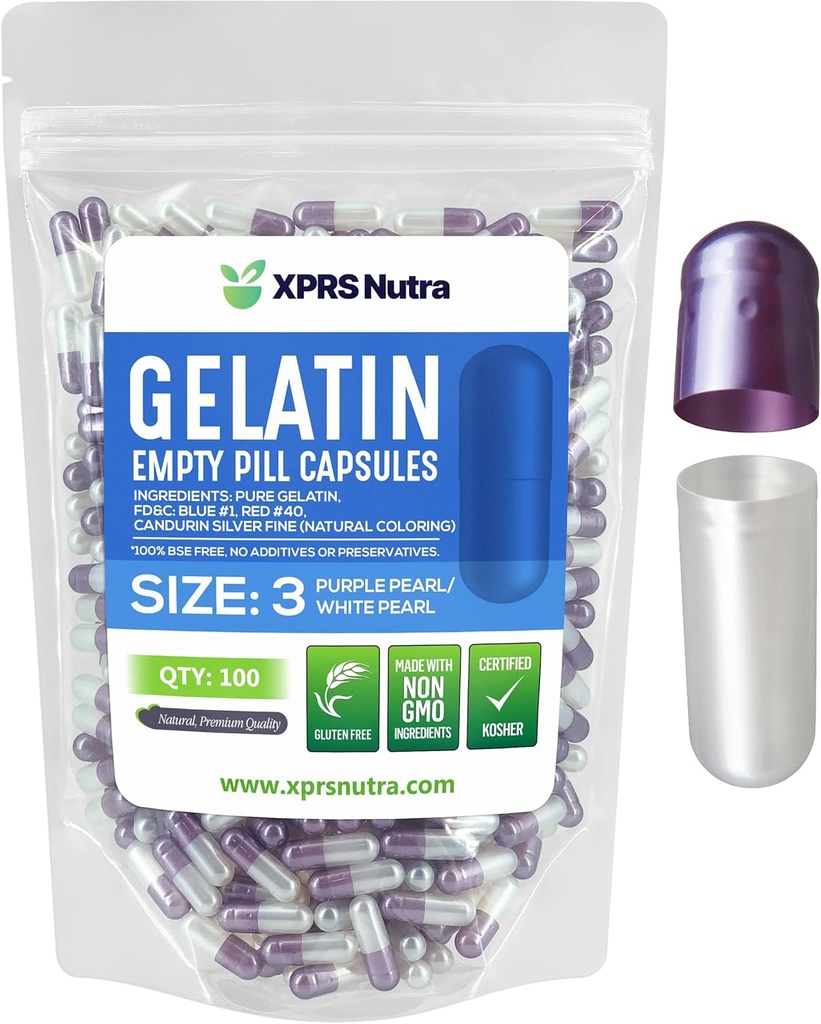 XPRS Nutra Boyutu 3 Boş Kapsüller - 100 Kont Boş Gelatin Capsules - Pills DIY Capsule - Pure Bovine Pill Gel Caps For Do-It- Yourself Supplements (Pearl Mor/White)