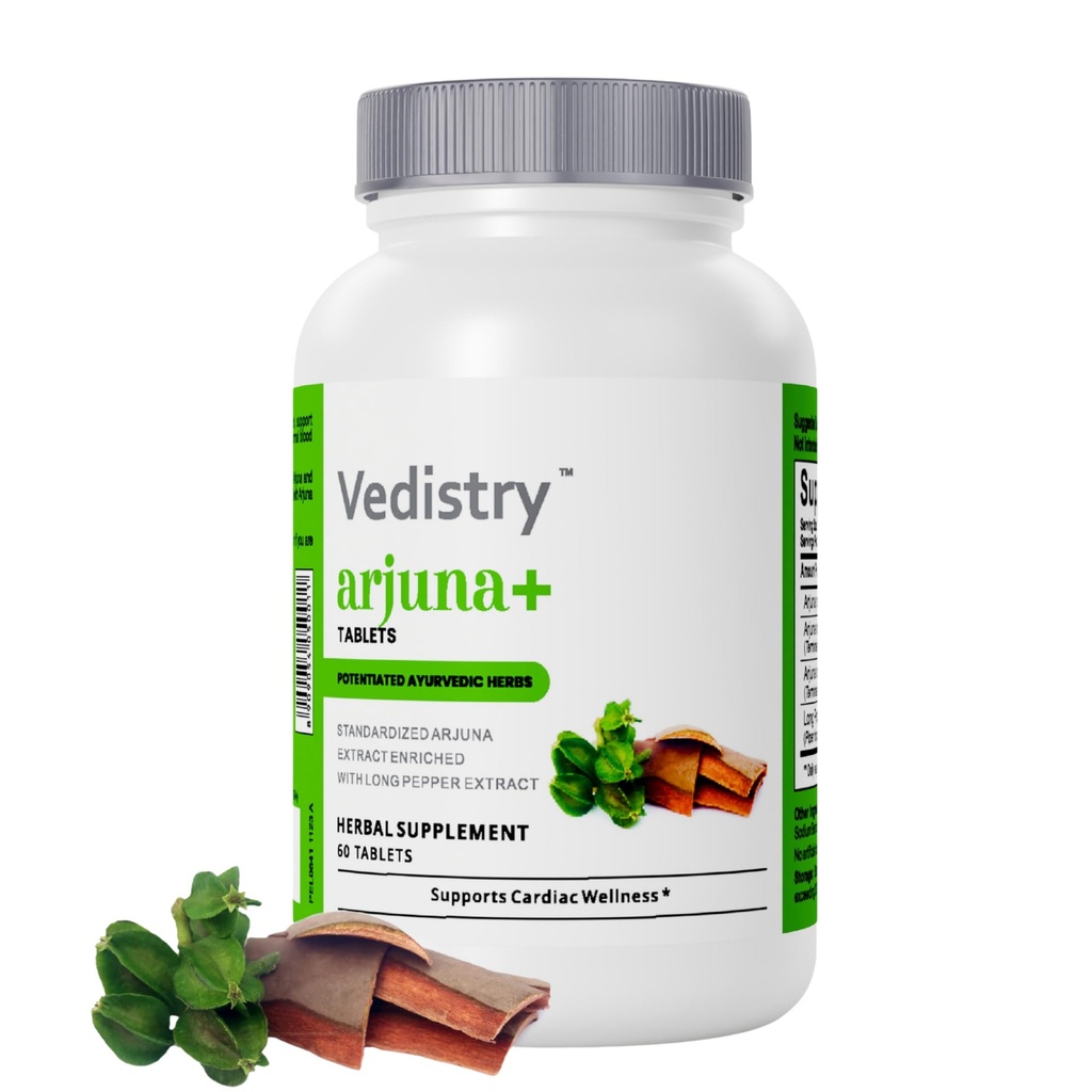 Arjuna+ Bark Ekstraksiyon Tamam | 1100 mg Arjuna Tabletleri Kalp Sağlığı ve Kan Basınç Desteği için Long Pepper ile | Organik Herbal Cardiovascular Supplement | 60 Vegan Tabletler
