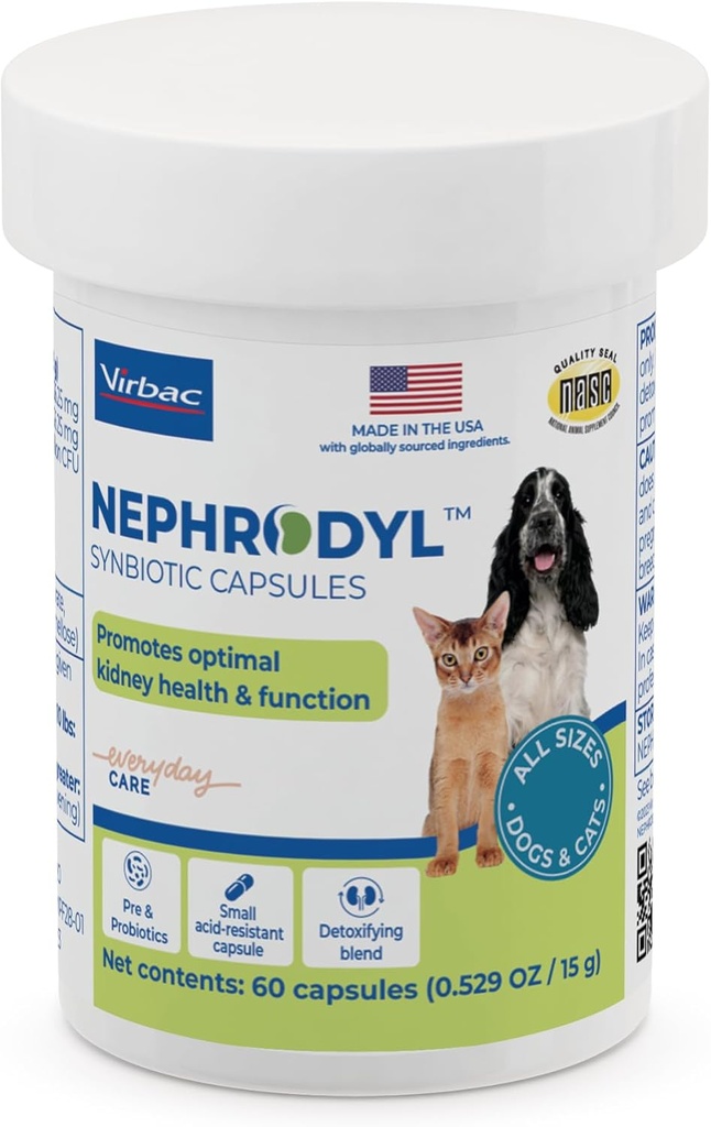 NEPHRODYL Synbiyotik Capsules - Kidney Cats & Dogs, Probiyotiks & Prebiyotiks for Digestive Health, Small & Easy-to-Swallow Capsules, Made in the USA- 60 Ct