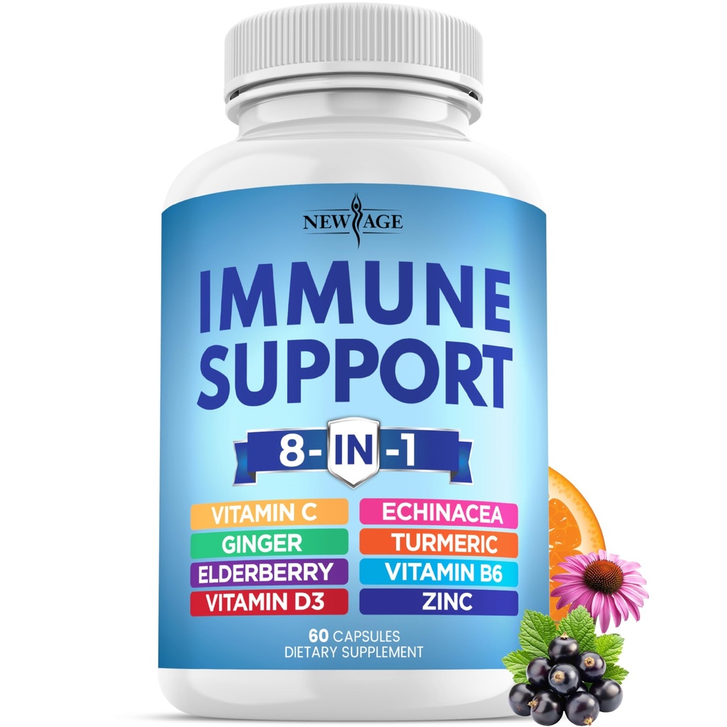 NEW AGE 8 in 1 Immune Support ATM Supplement with Echinacea, Vitamin C ve çinko 50 mg, D 5000 IU, Turmeric Curcumin & Ginger, B6, Elderberry 60 Count (Pack of 1)