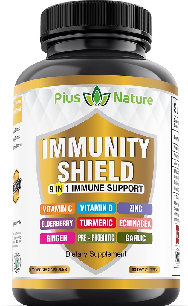 9-in-1 Immune Support Vitamin C (1000 mg), Vitamin D3 (5000 IU), Çinko (22 mg) Elder, Turmeric, Echinacea, Ginger, Garlic ve Pre+Pro-Biotic per Service (120 caps per Şişe - 2 ay Supply)