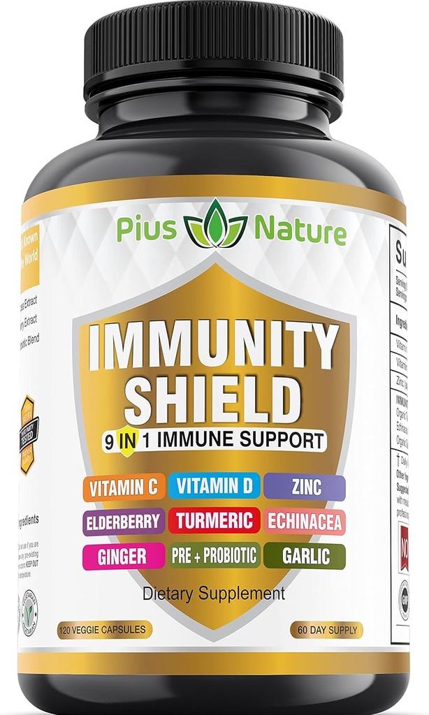 9-in-1 Immune Support Vitamin C (1000 mg), Vitamin D3 (5000 IU), Çinko (22 mg) Elder, Turmeric, Echinacea, Ginger, Garlic ve Pre+Pro-Biotic per Service (120 caps per Şişe - 2 ay Supply)