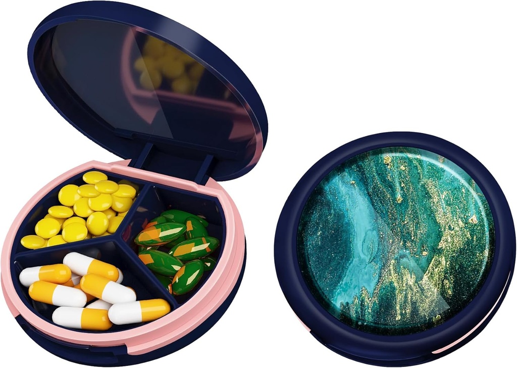 Serfeymi Small Pill Box - Purse Pocket, Compact Mini Travel Pill Case - Tıp için Uygun, Vitamin, Fish Oil, Supplements - Dark Blue (Emerald Tide)