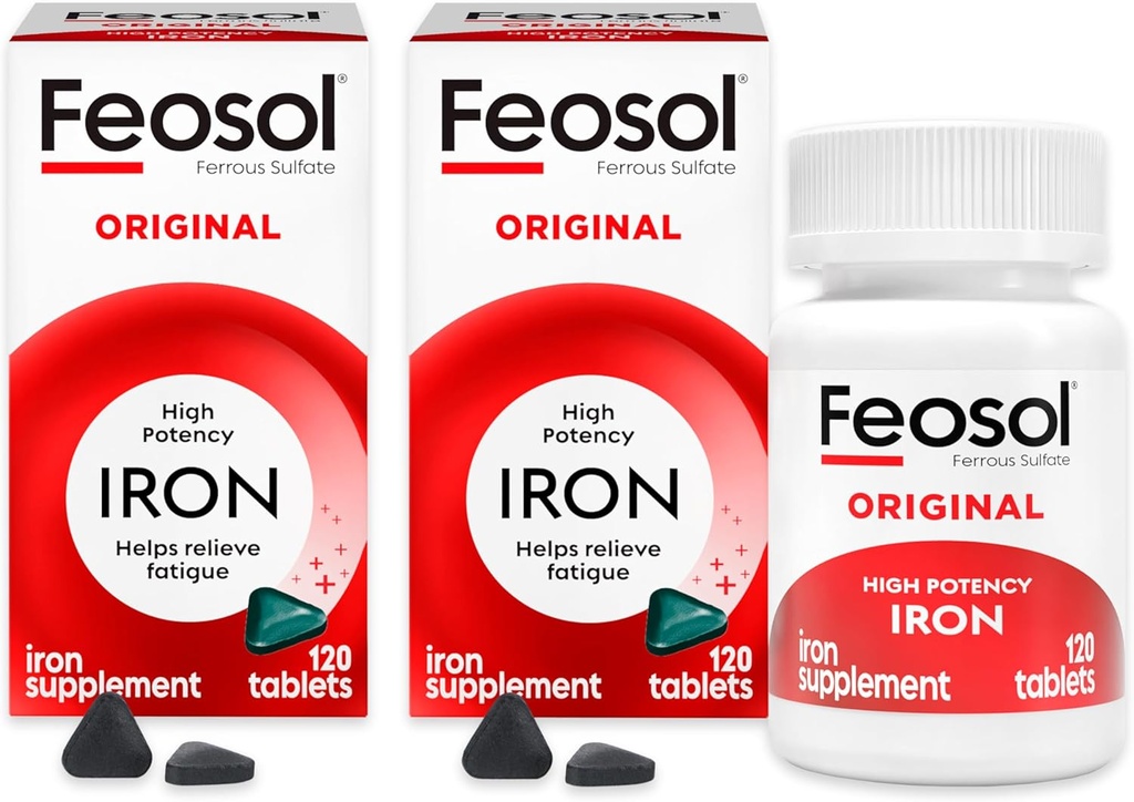 Feosol Original Iron Supplement Tabletleri, Non-heme 325 mg Ferrous Sulfate (65 mg Elemental Iron) Pill, 1 Per Day, 4 Ay Supply, for Energy and Immune System Support (120 ct Pack of 2)