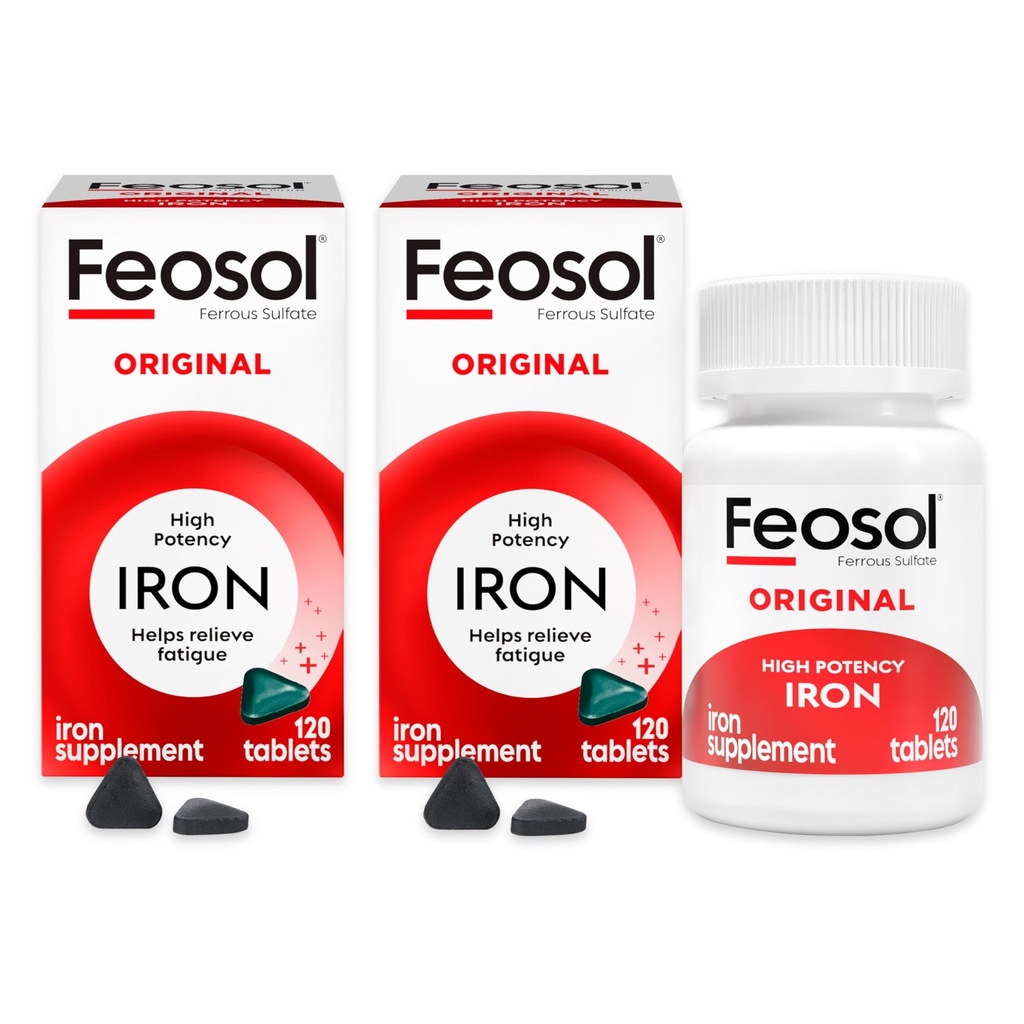 Feosol Original Iron Supplement Tabletleri, Non-heme 325 mg Ferrous Sulfate (65 mg Elemental Iron) Pill, 1 Per Day, 4 Ay Supply, for Energy and Immune System Support (120 ct Pack of 2)
