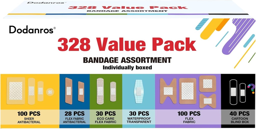 Çeşitli Bandages Pack,328ct Assorted Bulk Çeşitli Boyutlar, Şekiller ve Ofisler | Sheer & Flex Fabric with Benzalkonium, Wine ECO Fabric, Water, Cartoon Blind Box Fragrance Bandages