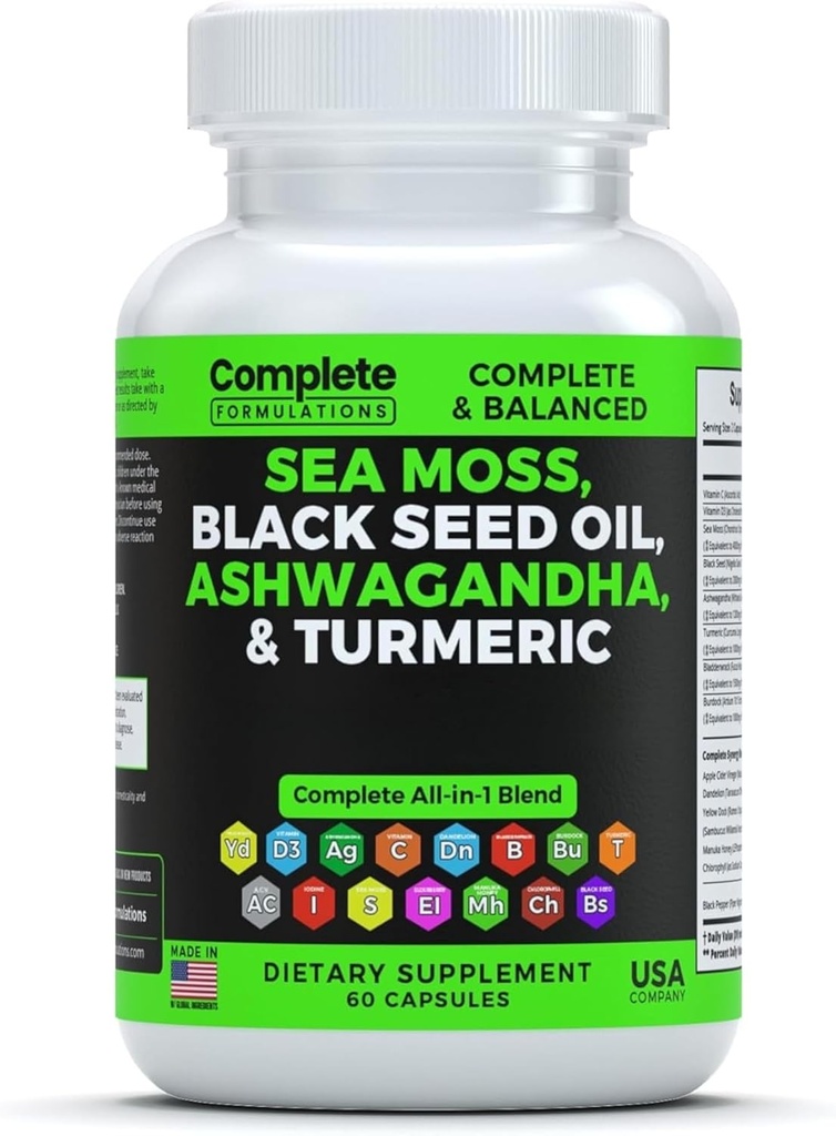 Sea Moss Supplement Blend with Black Seed Oil Ashwagandha Turmeric Bladderwrack, Burdock & Vitamin C & D3 with Elderberry Manuka Dandelion Yellow Dock Iodine
