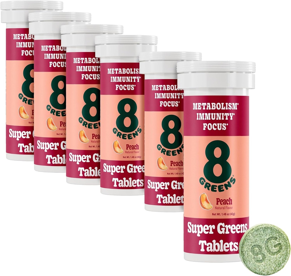 8Greens Supergreens Tabletler | Super Greens Toz Superfood, Metabolism Immunity & Focus, Daily Greens Effervescent Tabletler, Organik: Aloe Vera, Spirulina, Chlorella, Peach, Tube 60 Hizmetler.