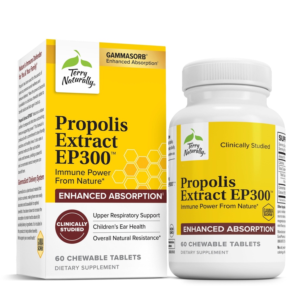 Terry Φυσικά Propolis Extract EP300 - Συμπλήρωμα υποστήριξης του ανώτερου αναπνευστικού και ανοσοποιητικού συστήματος - Μη ΓΤΟ με Bee Propolis Extract - Συμπλήρωμα για παιδιά και ενήλικες - 60 Μασώμενα δισκία