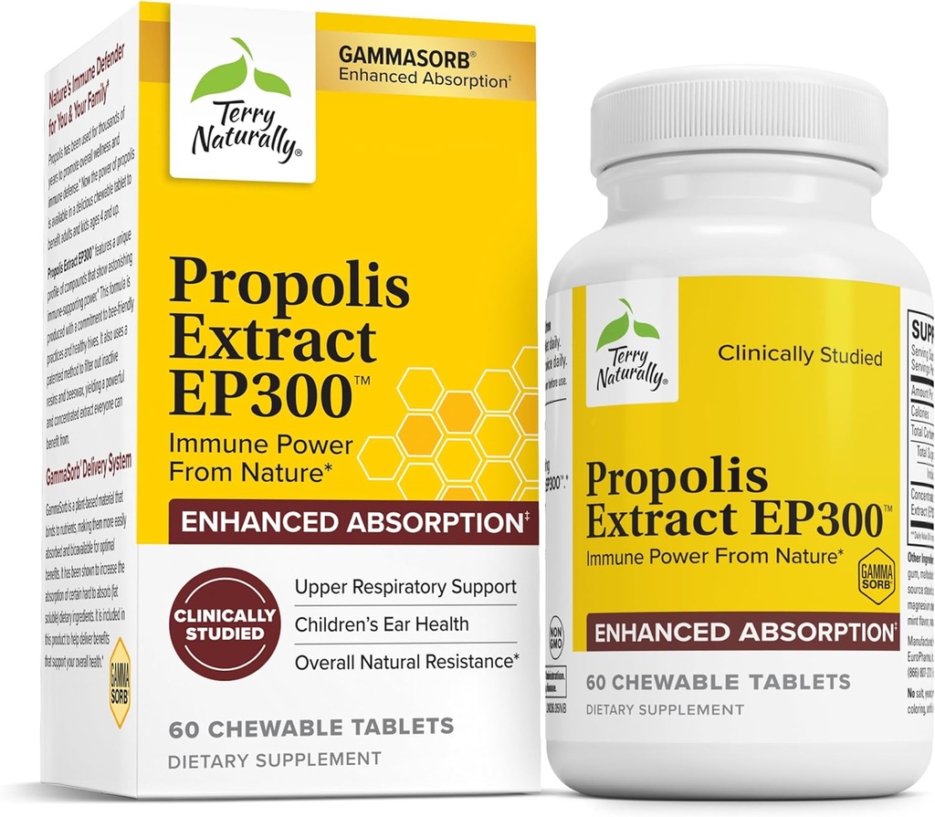 Terry Φυσικά Propolis Extract EP300 - Συμπλήρωμα υποστήριξης του ανώτερου αναπνευστικού και ανοσοποιητικού συστήματος - Μη ΓΤΟ με Bee Propolis Extract - Συμπλήρωμα για παιδιά και ενήλικες - 60 Μασώμενα δισκία