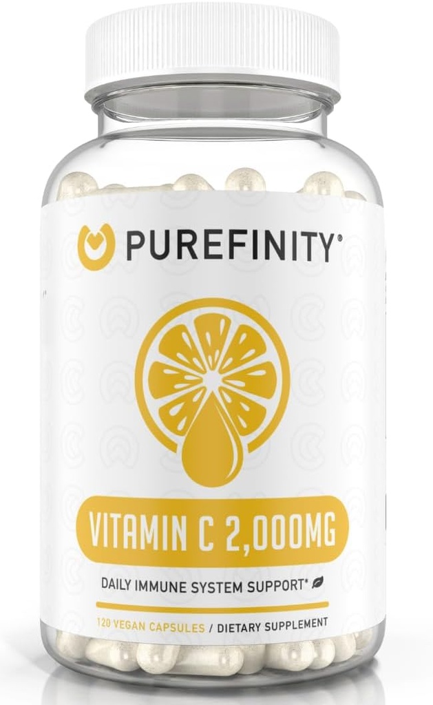 PUREFIN Vitamin C 2000 mg Capsules - Çift Güç, Yüksek Abhidrasyon Tamam, Güçlü Antioksit Özellikleri, 120 Capsules (1 Ay Supply)