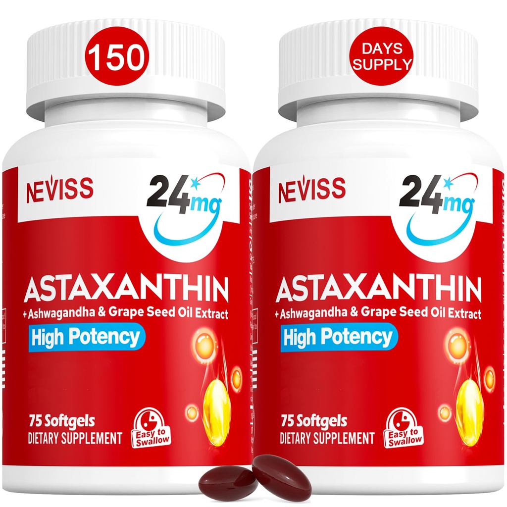 Astaxanthin Supplements 24 mg, 5 Ay Supply - Coconut MCT Oil, Fresh Microalgae Source w/Grape Tohum Yağı, Ashwagandha - Sağlıklı Cilt, Gözler, Ağlama - GMO & Gluten Ücretsiz, 150 Softgels