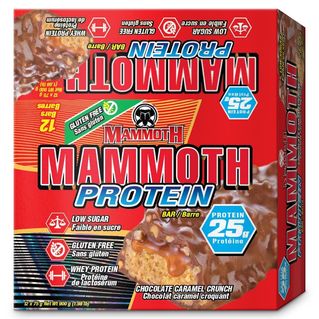 MAMMOTH Protein Bar, Chocolate Pinut Butter Crunch, 25g Protein, Low Sugar, Low Carb, Gluten Free, 12 x 65g (12 Count) (Chocolate Pinut Butter Crunch) (12 Count, Chocolate Caramel Crunch)