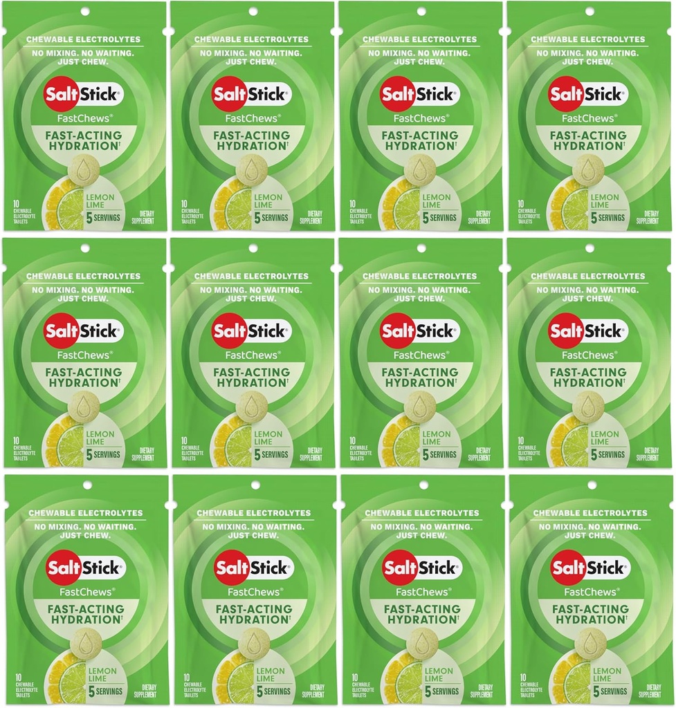ΑλάτιStick Electrolyte FastChews Μασώμενα δισκία, λεμόνι Lime, 120 μέτρα, 12 πακέτα των 10 δισκίων το καθένα