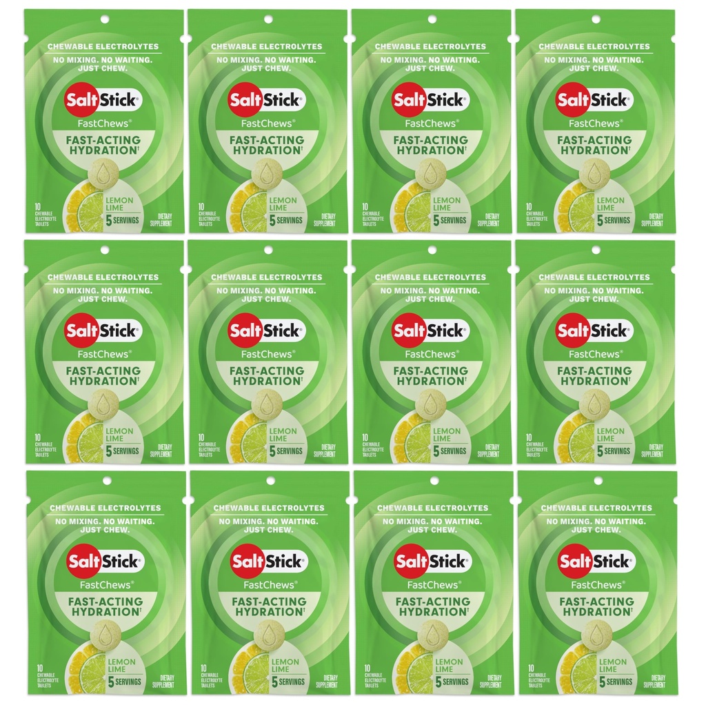 SaltStick Electrolyte FastChews Chewable Tabletler, Limon Lime, 120 sayı, her 10 tabletin 12 paket