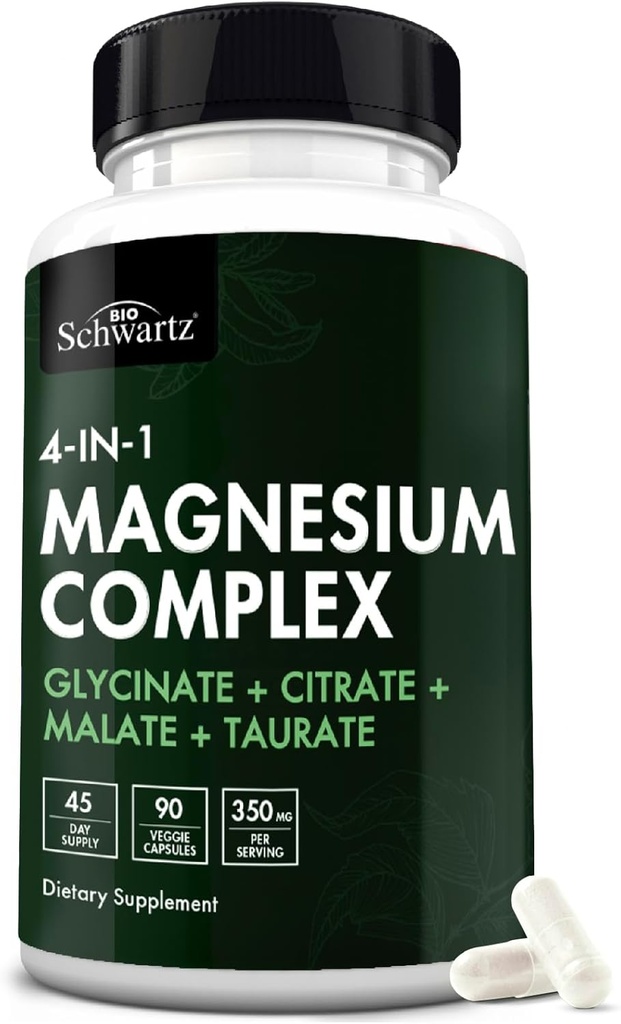 BioSchwartz Magnesium Complex Supplement (90 κάψουλες) 350mg Μαγνήσιο Γλυκινικό Κιτρικό Κακό και Ταυρικό Ανά υπηρεσία για υγιή νεύρα Μυς Υποστήριξη για τον Ύπνο της Καρδιάς (Vegan, Χωρίς Γλουτένη, Μη ΓΤΟ)