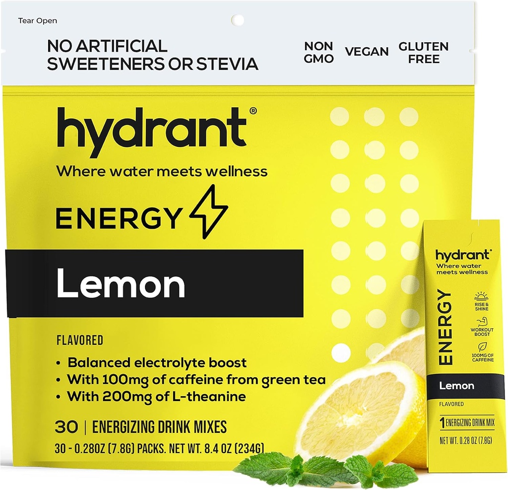 HYDRANT Energy Lemon Flavor 30 Stick Pack, Caffeine & L-Theanine Rapid Hydration Mix, Electrolyte Hydration Toz Packets with Çinko
