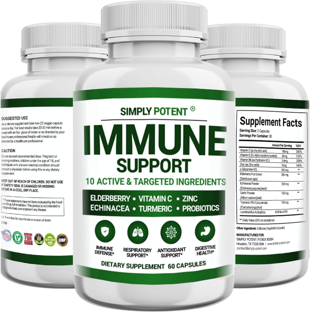 Immune Support Supplement, 10 in 1 Immunity ATM Ölçeği, C vitamini, çinko, Echinacea, Turmeric, Probiyotiks & Antioksis for Immune Defense, Respiratory & Digestive Health, 60 Pills