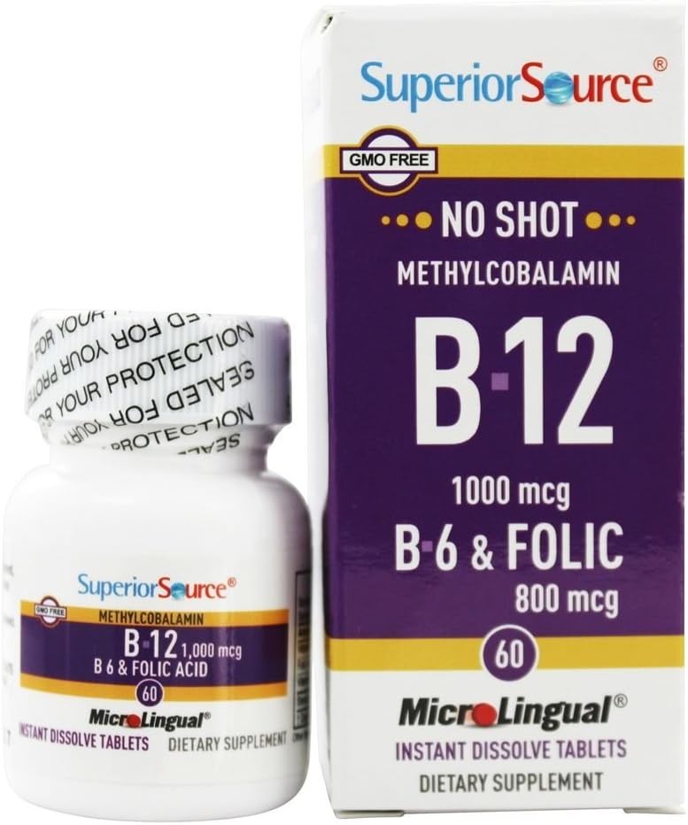 Superior Source - No Shot B12 Methylcobalamin 1000 mcg με B6 & Follic Acid 800 mcg. - 60 Quick Dissolve Tablets