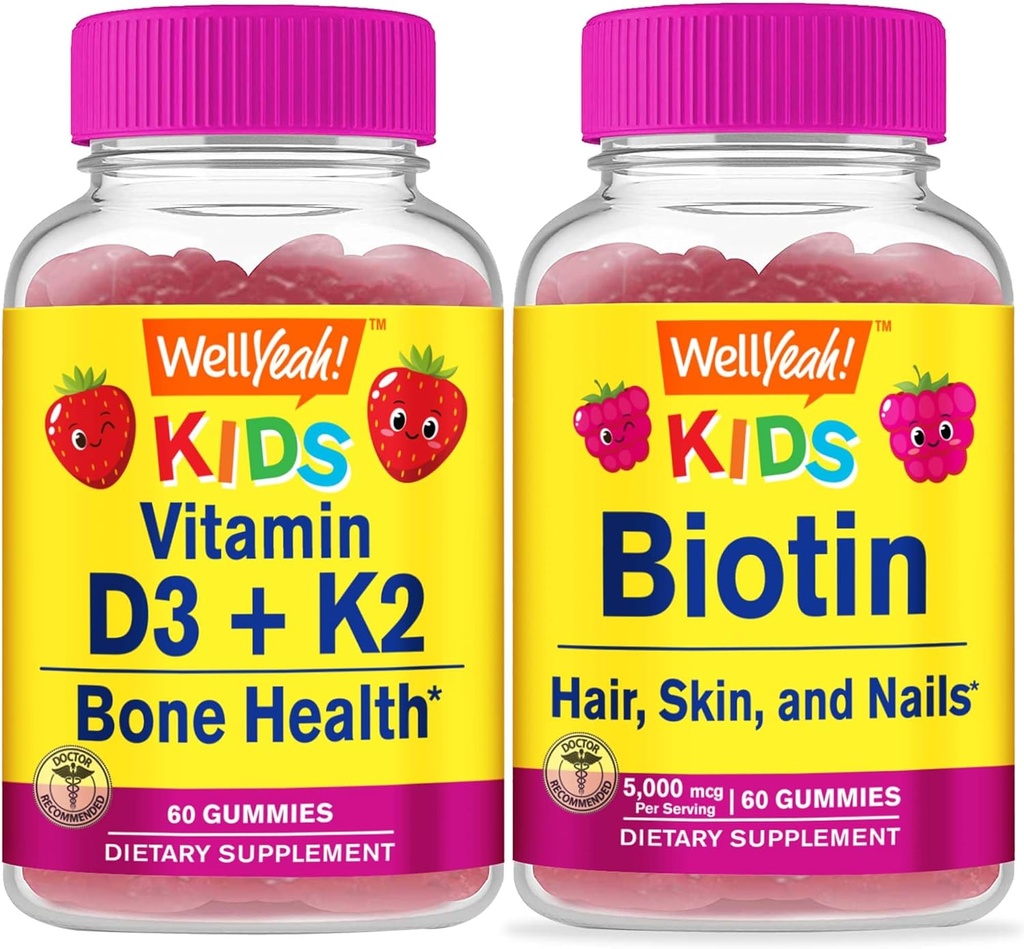 Evet D3+K2 Çocuklar + Biotin Çocuklar, Gummies Sche - Great Tasting, Vitamin Supplement, Gluten Free, GMO Free, Chewable Gummy