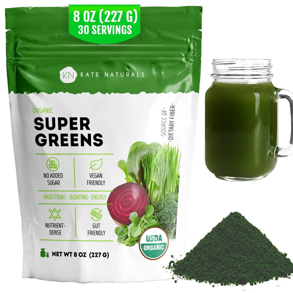 Kate Naturals Organic Super Greens Toz. Daily Greens Superfood Mix with Probiyotiks & Fiber for Smoothies and Juice (30 Services, 8oz, Natural)