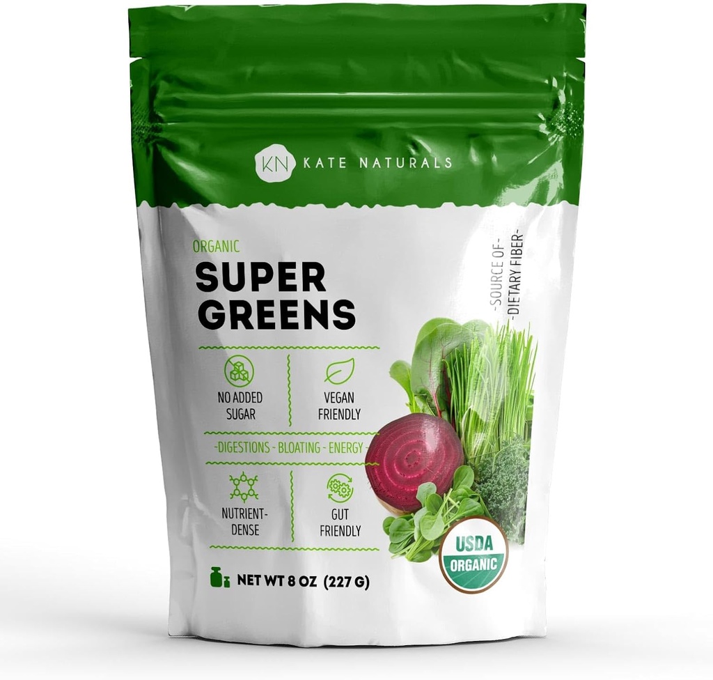 Kate Naturals Organic Super Greens Toz. Daily Greens Superfood Mix with Probiyotiks & Fiber for Smoothies and Juice (30 Services, 8oz, Natural)