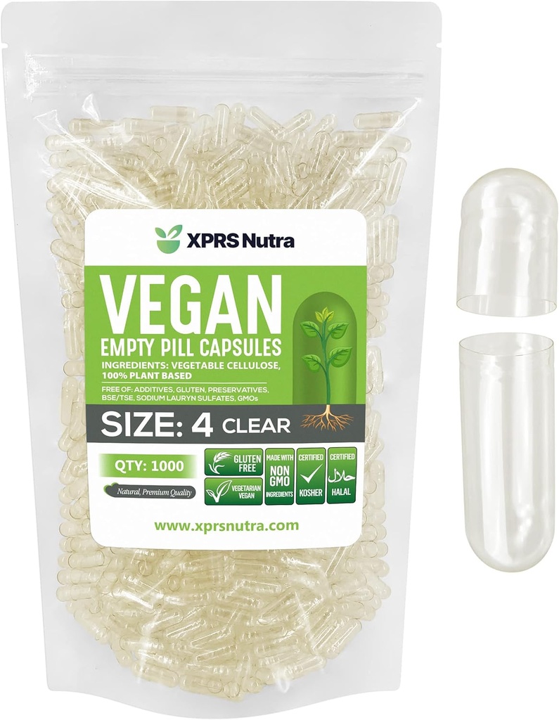 XPRS Nutra Boyutu 4 Boş Kapsüller - 1000 Kont Küçük Clear Boş Vegan Capsules- Vejetaryen Pills - DIY Sebze Kapsülü - Tamamlanabilir Do-Kendiniz Veggie Caps for Supplements