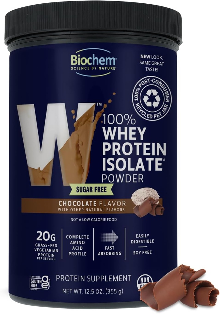 Biochem 100% Whey Sugar-Free Chocolate 20g, 12.5oz, sertifikalı Vejetaryen, sertifikalı Gluten Free, sertifikalı Non-GMO Tested, Keto Friendly, Grass-Fed