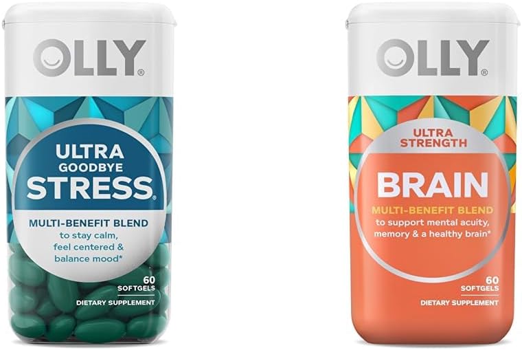 OLLY Ultra Strength Αντίο Softgels στρες, GABA, Ashwagandha, L-Θεανίνη και Lemon Balm & Ultra Strength Brain Softgels, Nootropic, Υποστηρίζει υγιή λειτουργία εγκεφάλου, μνήμη