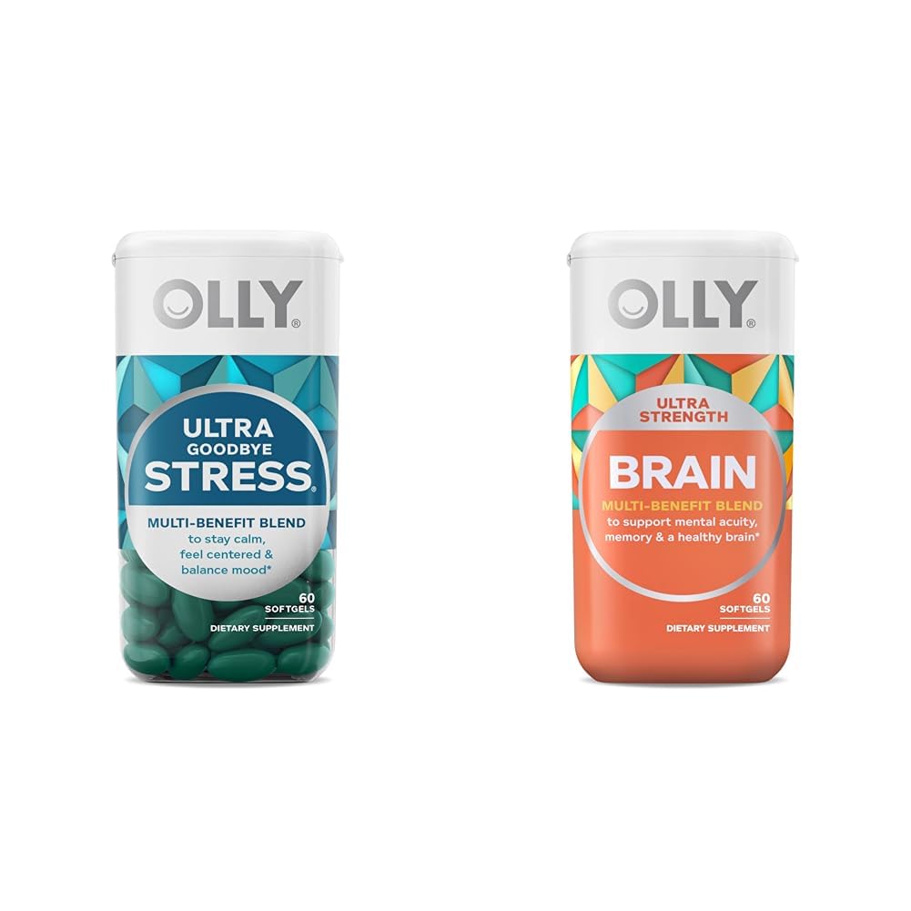 OLLY Ultra Strength Local Stress Softgels, GABA, Ashwagandha, L-Theanine ve Lemon Balm & Ultra Strength Brain Softgels, Nootropic, Supports Health Brain Function, Memory
