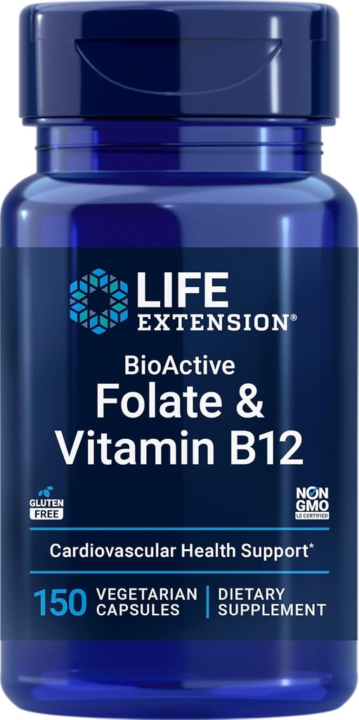 Life Extension BioActive Folate & Vitamin B12, 150 Vegetarian Capsules - Non GMO, Gluten Free Supplement Supplement