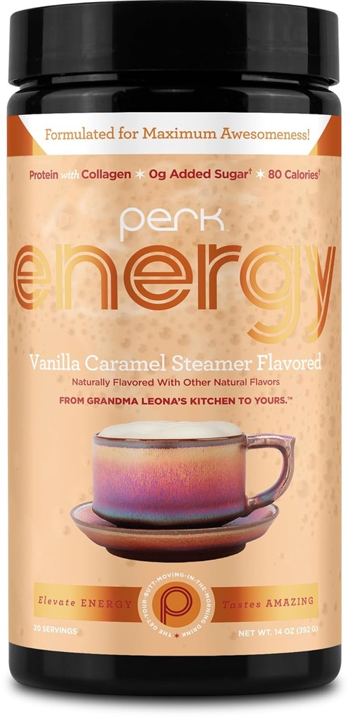 Perk Energy Original Vanilla Caramel Steamer Γευσμένη σκόνη ποτού (20 σερβίτσια) - Χωρίς γλουτένη, χωρίς φυστίκι