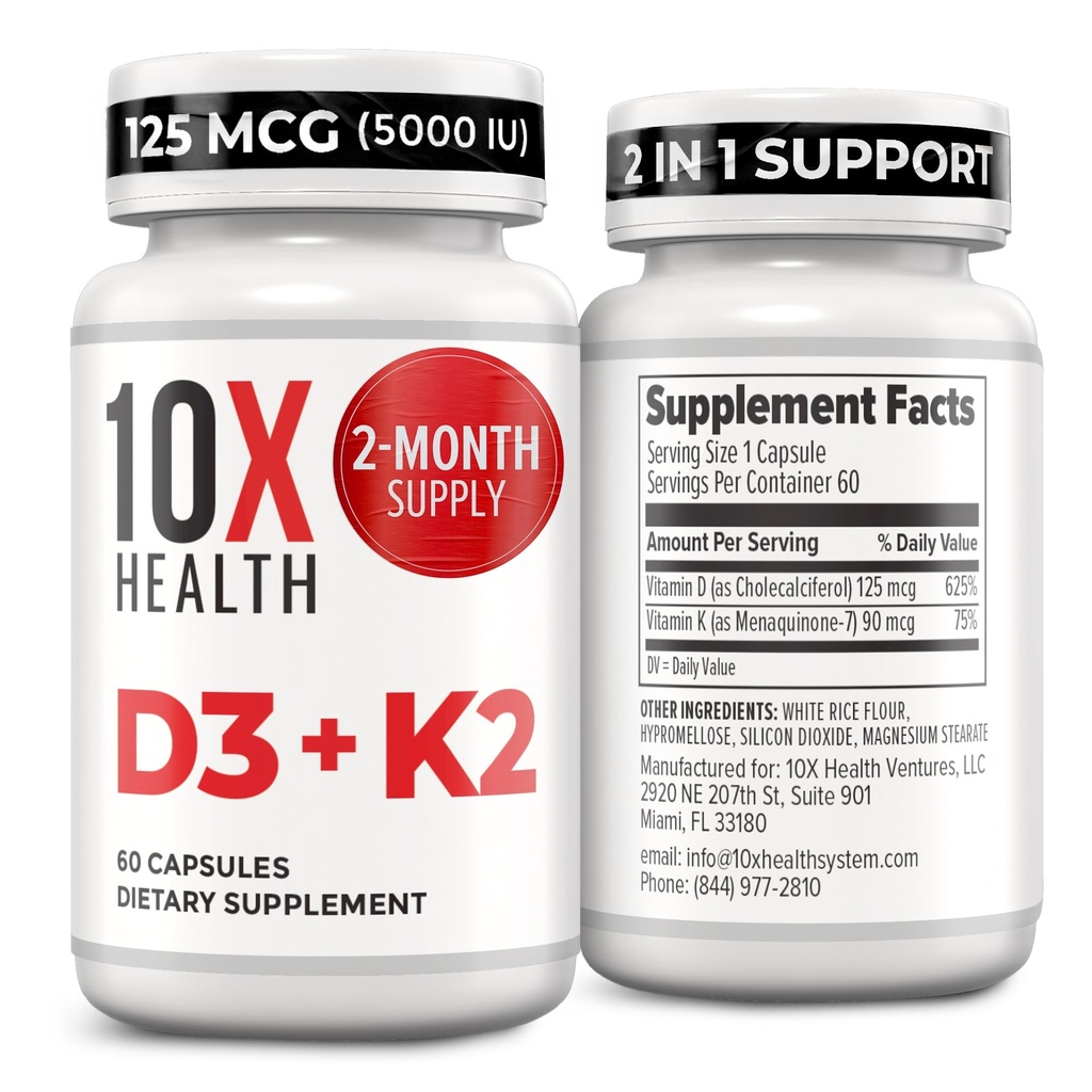 10X Υγεία Βιταμίνη D3 5000 IU & K2 MK7 - Μενακινόνη 7, Υψηλής ισχύος D3 K2 Συμπλήρωμα βιταμίνης για την υγεία των οστών, την καρδιά και τα δόντια - 125 mcg Βιταμίνη D & 90 mcg Βιταμίνη K2-60 Κάψουλες