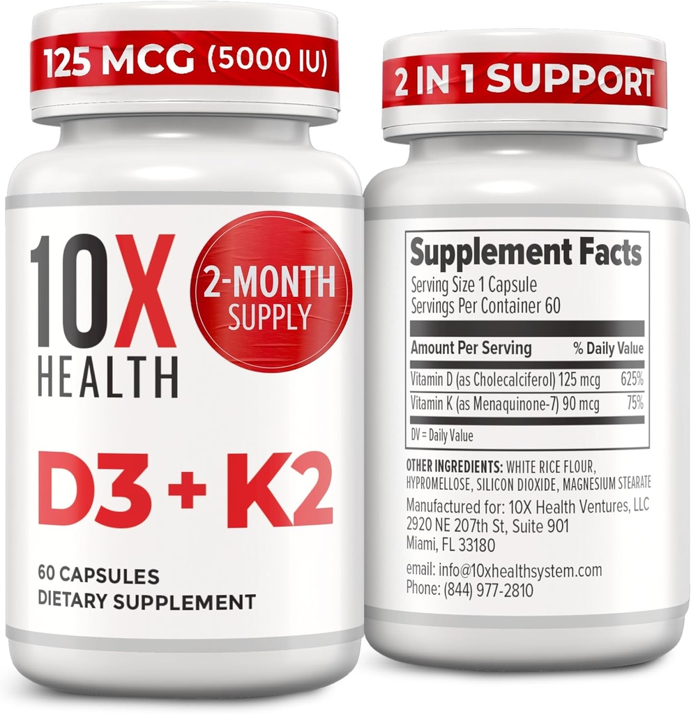 10X Health Vitamin D3 5000 IU & K2 MK7 - Menaquinone 7, High-Potency D3 K2 Vitamin Supplement for Bone Health, Heart and Teeth - 125 mcg Vitamin D & 90 mcg Vitamin K2-60 Capsules