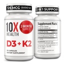 10X Υγεία Βιταμίνη D3 5000 IU & K2 MK7 - Μενακινόνη 7, Υψηλής ισχύος D3 K2 Συμπλήρωμα βιταμίνης για την υγεία των οστών, την καρδιά και τα δόντια - 125 mcg Βιταμίνη D & 90 mcg Βιταμίνη K2-60 Κάψουλες