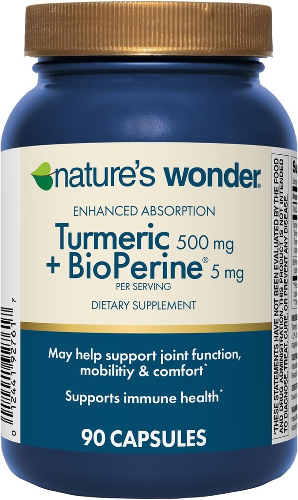Nature's Wonder Turmeric Supplement with BioPerine - Ενισχυμένη απορρόφηση Turmeric Complex 500mg με BioPerine 5mg για κοινή λειτουργία, κινητικότητα, και άνεση, 90 χορτοφαγικές κάψουλες