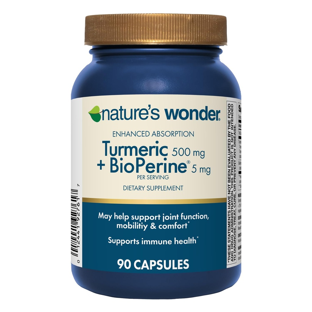 Nature's Wonder Turmeric Supplement with BioPerine - Discoverd Abxia Turmeric Complex 500 mg with BioPerine 5 mg for Joint Function, Mobility, and Comfort, 90 Vegetarian Turmeric Capsules