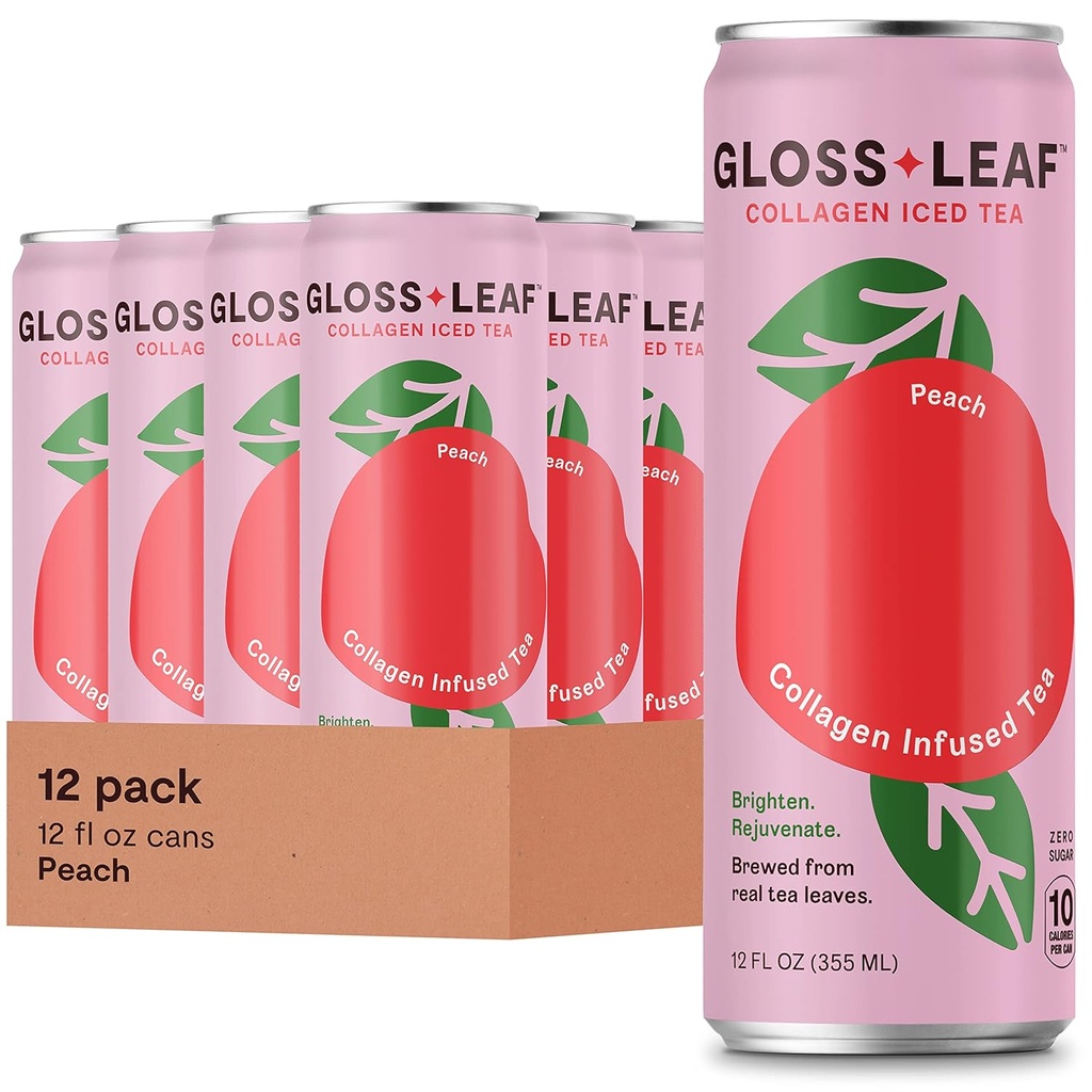 Gloss Leaf Collagen Iced Tea (Zero-Sugar, Ροδάκινο): Ζευγάρι μαύρο τσάι με πρωτεΐνη και βιταμίνη C, ομορφιά & κατά της γήρανσης, 12 Fl Oz, 12 Pack