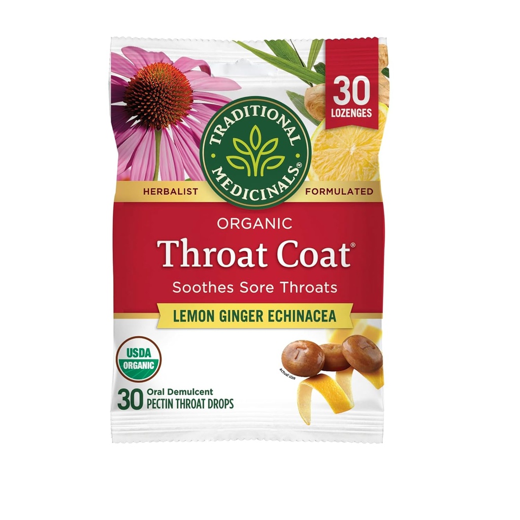 Παραδοσιακά φάρμακα Lozenges, οργανικό λαρύγγι Coat Lemon Echinacea, πονόλαιμο λαρύγγι υποστήριξη, 30 μεμονωμένα τυλιγμένα Lozenges