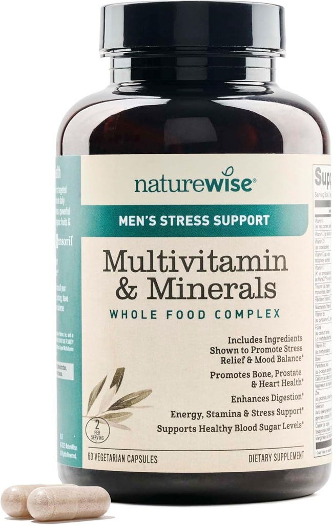 NatureWise Multivitamin for Men + Stress Support + Fulvic Ionic Minerals + Probiotics for Immunity, Male Health, Digestion + Whole Organic Foods - Vegetarian, Non-GMO - 60 Κάψουλες[1-Month Supply]