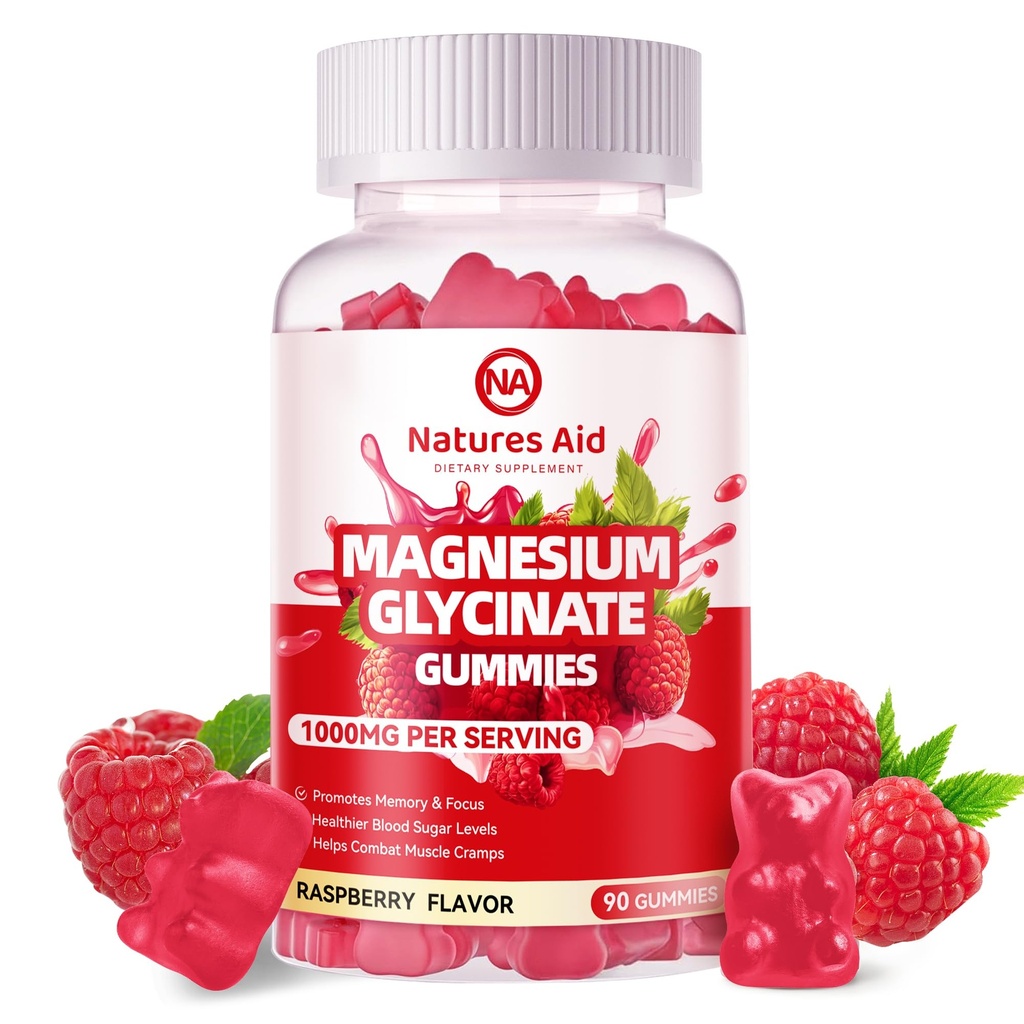 Magnezyum Glycinate Gummies 1000 mg - Sugar Free Magnezyum Pids Supplement with Vitamin D, B6, CoQ10 for Calm Mood & Sleep Support - 90 Raspberry Gummies.