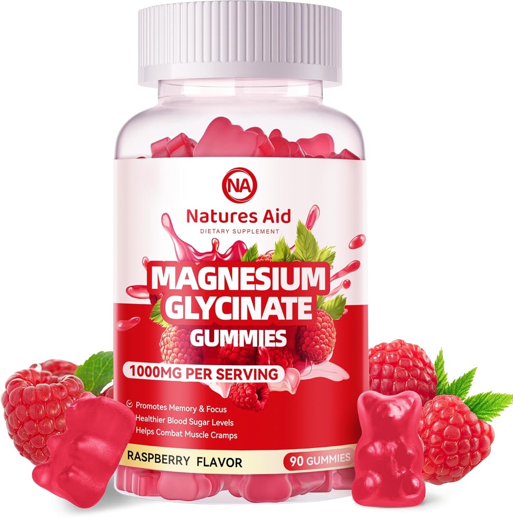 Magnezyum Glycinate Gummies 1000 mg - Sugar Free Magnezyum Pids Supplement with Vitamin D, B6, CoQ10 for Calm Mood & Sleep Support - 90 Raspberry Gummies.