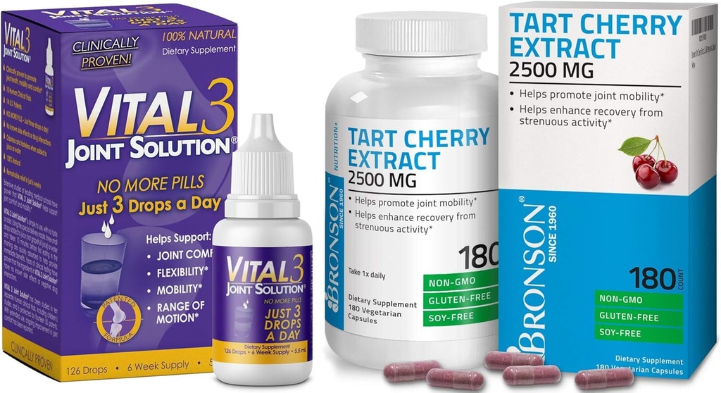 Bronson Vital 3 Ortak Çözüm® Klinik olarak Proven Sıvı Diz Yardımı Tamam Tart Cherry Extract 2500 mg Vegetarian Capsules